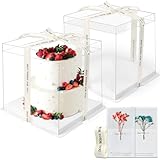 LONHCHI 2 Stück Tortenschachtel(30 * 30 * 25cm) Tortenkarton Tortenbox Cake Box Transparent Torten Transportboxen Geschenkbox Durchsichtig mit Sockel Band und ewige Blumen für Geburtstag Dessert