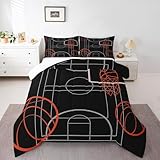 Manfei Basketball-Bettwäsche-Set für King-Size-Betten, Sport-Gaming-Thema, für Kinder, Jungen, Schlafzimmer, Dekoration, schwarze Basketballplatz-Daunendecke, weiches Polyester, 2 Kissenbezüge