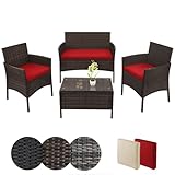 BB Sport Poly Rattan Sitzgruppe 4 Personen Tisch 2 Stühle Sitzbank 5cm Dicke Sitzpolster Balkonmöbel Set Sitzgarnitur Balkon Terrasse Garten Outdoor, Farbe:Schwarz-Braun meliert/Abendsonne