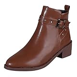 Damen Lederreitstiefel kurz – Damen-Stiefeletten aus Leder mit Reißverschluss, klassische Lederstiefel mit dickem Absatz, modische Bikerstiefel, Slip-On-Reißverschluss, Bürostiefel, spitzer