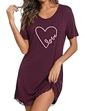 Demegimi Nachthemd Damen Kurz Baumwolle Schlafshirt Sommer Kurzarm Schlafshirt Kurz Sleepshirt Damen Nachthemd mit Herzdruck und Rundhalsausschnitt