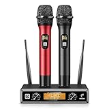 TONOR Wireless Funkmikrofon UHF Professionelles dynamisches drahtloses Dual Mikrofon, Handmikrofonsystem, Heim-KTV-Set für Karaoke, Party, DJ, Kirche, Hochzeit, 60 Meter, TW820, Schwarz und Rot