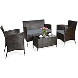 COSTWAY 4-teiliges Gartenmöbel Set, Polyrattan Balkonmöbel Set mit Sitzkissen, Rattan Sitzgarnitur für 4 Personen, Terrassenmöbel Sitzgruppe für Garten, Terrasse, Balkon (Grau)