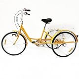 Jolre 24 Zoll Dreirad für Erwachsene, Fahrrad-Dreirad, 6 Speed 3 Wheel Adult Cargo Bike, City Tricycle, Adult Recreational Tricycle mit Einkaufskorb. (Gelb ohne Rückenlehne)