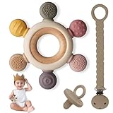 cometrade Beißring für Babys LFGB-Silikon Kauringe mit Natürlicher Holzring, Silikonschnuller & Silikonclip, für Neugeborene & 3+ Monate, Relief Beruhigt Babys Zahnfleisch (Beige, 6 Richtungen)