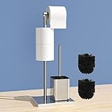 Toilettenpapierhalter Stehend mit WC Bürste - Edelstahl WC Garnitur mit Klopapierhalter Stehend und Klobürste, Ohne Bohren, Toilettenbürste und Klorollenhalter Stehend (Silber)