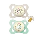 MAM Latex Original Night Soothers | 0-6 Months | Glow in the Dark Dummies | Comes in Dummy Steriliser Case | Baby Accessories for Newborn | Green/Cream (Various Designs)