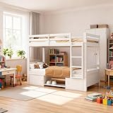 EINHOM Etagenbett Hochbett 90x200cm, Kinderbett Jugendbett mit Treppe Fallschutzgitter, aufteilbar in 2 Einzelbetten, Rahmen aus Kiefernholz Weiß＋Schuhregale und Schließfächer (ohne Matratze)