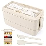 3-Lagen Brotdose Bento-Box für Erwachsene, 4-in-1 Meal prep Boxen mit Gabel und Löffel, 1000-ml Lebensmittel Aufbewahrungsbox für Männer Frauen Schüler Mikrowelle spülmaschinenfest erhältlich (Beige)