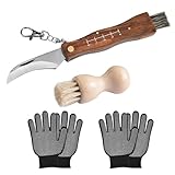 DAGORD Pilzmesser mit Bürste und Lineal Taschenmesser Klappmesser Edelstahl Pilzsammler Messer für Champignon Trüffel Mushroom knife mit Handschuhe Pilzbürste