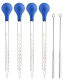 QWORK 4 Stück Glas Pipette Dropper 10ml, Glaspipette mit Gummi Saugnapf + Reinigungsbürste x2