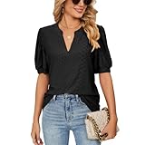 EDOTON Damen Tshirt Kurzarm Bluse V Ausschnitt Casual Sommer Solide Hohle Blase Ärmel Lose Tops Tuniken für Damen (L,Schwarz)