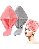 Lumimi 2er-Set Haarturban Kopfhandtuch aus Mikrofaser Extra Saugfähig Schnelltrocknend Flauschig Knopfverschluss Rosa Grau