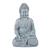 Relaxdays Buddha Figur sitzend, 30 cm, Gartenfigur, Dekofigur Wohnzimmer, Polyresin, wetterfest, frostsicher, hellgrau