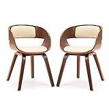 Mingone 2er-Set Esszimmerstühle mit Armlehnen Bentwood Designer Stühle mit PU-Ledersessel Küchenstühle Gepolsterte Stühle für das Wohnzimmer（Braun+Beige）