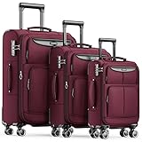 SHOWKOO Kofferset 3 Teilig Weichschale Stoffkoffer Erweiterbar Reisekoffer Leicht Haltbar Trolley Handgepäck Sets mit TSA Schloss und 4 Rollen (M L XL -Rot)