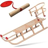Explorer Colint Holzschlitten mit Rückenlehne für Kinder ab 1 Jahr und Erwachsene Set Schlitten Davos mit Leine und Vollholz Lehne in Rot 110cm Alpina Fun