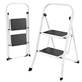 HBTower Leiter 2 Stufen Klappbar, Trittleiter mit Anti-Rutsch-Pedal, Tragbare Robuste Tritthocker mit Handläufen, Perfekt für Küche & Haushalt, 150KGS Kapazität, Weiß
