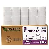 Thermorollen 80mm x 50m x 12mm - Kassenrollen - Bonrollen für Registrierkasse mit Bondrucker - Thermopapier für Kassensysteme – BPA Frei (Medium - 80x63x12-50 Meter - 50 Rollen)