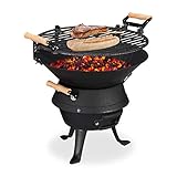 Relaxdays Grillfass Gusseisen, höhenverstellbarer Grillrost, Belüftung, Fassgrill für Holzkohle, HBT 40x45x36cm, schwarz