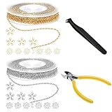 2 Stück 5M Gliederkette Gold,Gliederkette Silber,Gliederkette,Ketten Basteln,Edelstahlkette Meterware,mit Karabinerverschluss für DIY-Armbandschmuckherstellung,mit Zange und Pinzette (Gold, Silber)