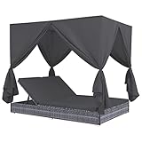 KOIECETA Sonnenliege mit Vorhängen Gartenliege Lounge Doppelliege Relaxliege Sonnenbett Doppelbett Gartenmöbel Liege Liegestuhl Poly Rattan (Grau)