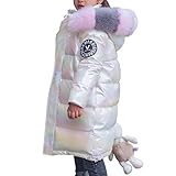 Boodtag Winter-Daunenjacke für Kinder, Mädchen, Jungen, mit Kapuze, Reißverschluss, wasserdicht, glänzend, lange Jacke, warmer Mantel, Oberbekleidung mit Kunstfellkragen, weiß, 12-13 Years