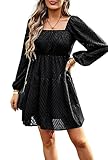 Langarm Kleid Damen Elegant Kurz Chiffonkleid A Linie Minikleider Party Cocktailkleid Square Neck Dress Schwarz L