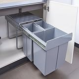 [en.casa] Einbaumülleimer Froland Mülleimer 3 Fächer Mülltrennsystem ausziehbar Abfalleimer Küche 2x10L+1x20L herausnehmbare Behälter 48 x 34 x 42 cm Küchenmülleimer Grau