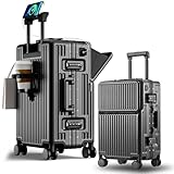 lesulety Handgepäck Koffer Mit Laptopfach Leichte Multifunktions Koffer Alu-Rahmen Hartschale Trolley Reisekoffer Zahlenschloss Kabinengepäck Mit Spinnrollen, Getränkehalter,Schwarz,M