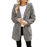 Générique Fleecejacke für Damen, Cardigan, mit Kapuze, offen, vorne, Mantel, Winter, warm, Plüschjacke, weich, bequem, mit Taschen, grau, 48