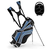 COSTWAY Golfbag mit Ständer und Regenschirmhalter, 7 Standbag inkl. Kühltasche und Schultergurt (Blau)