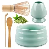 Matcha Tee Set, Matcha Besen Set mit Matcha-Schneebesen, Besenhalter, Matcha Schale aus Keramik, 2 Teelöffel, Japanisches Zubehör für die Matcha-Zeremonie, Perfekte Set für die Zubereitung