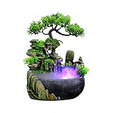 Zimmerbrunnen mit LED Beleuchtung, Grüne Pflanze Brunnen Springbrunnen Gartenbrunnen Deko Tischbrunnen Wasserfall mit Nebel, 28 x15 x 20 cm