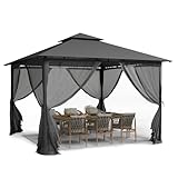 UDPATIO Pavillon 2,75x2,75m Wasserdicht Stabil Winterfest, Gartenpavillon mit Doppeldach, Moskitonetz und Metallrahmen, Doppeldach Gartenlaube für Garten, Terrassen, Grau