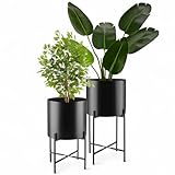 tectake® Pflanzenständer 2er Set, Blumenständer, Metall Blumentopf, abnehmbare Übertöpfe, Blumentöpfe als Deko Wohnzimmer, Übertopf für Innen und Außen, Blumenhocker mit Füßen und Übertopf, schwarz