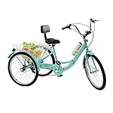 SABUIDDS 24 Zoll Dreirad für Erwachsene 7 Gang Erwachsene Dreirad mit Rückenlehne und Einkaufskorb Klappdreirad 3 Räder Fahrrad Cruise Bikes City Tricycle für Outdoor Sports Shopping, Grün