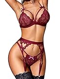 RSLOVE Damen Dessous Set mit Strumpfhalter - 3-teiliges Spitzen Teddy Babydoll Bodysuit Wein Rot Mittel