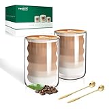 twoant Latte Macchiato Gläser Set (2 x 400ml) Doppelwandige Gläser Doppelwandige Kaffeegläser Teegläser Cappuccino Gläser Eiskaffee Gläser Thermogläser Doppelwandig Espressotassen Glas mit 2 Löffeln