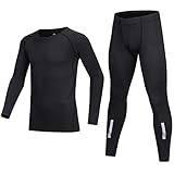 BUYKUD Kinder Funktionsunterwäsche Langarm Sportunterwäsche Fußball Trainingsanzüge Fitness Kompressionsshirt Kompressionshose Set,Schwarz,Etikettengröße: 26