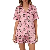 Damen-Pyjama-Set, Champagnerflasche, Y2k, bedrucktes Hemd und Shorts, Nachtwäsche, 2-teiliges Pyjama-Set, Rosa, L