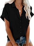 Friptspyg Bluse Damen Lässiges Kurzarm Hemdbluse Sommer V-Ausschnitt 100% Baumwolle Solide Blusenshirt Elegant Oberteile mit Tasche, Schwarz XXL