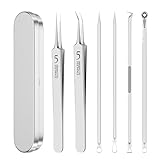 Mitesserentferner Komedonenquetscher Set, Porenreiniger Gesicht 6-teiliges Edelstahl-Werkzeug-Set mit Metall-Aufbewahrungsbox zur Entfernung von Akne, Whiteheads und Blackheads im Gesicht-Silber