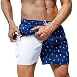 Arcweg Badehose für Herren Jungen Badeshorts mit Kompression Liner 2 in 1 Schnelltrocknend Strandhose Männer Elastisch Surf Shorts mit Reißverschlusstaschen Anker L（EU