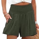 Greensen Sommer Lässige Kurze Hose, Elastische Taille Sport Strand Hosen Damen Shorts High Waist Hotpants Einfarbig Freizeit Shorts mit Taschen(XL-OD-Grün)