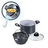 Genius Cerafit Magic Pot Kochtopf-Set 20cm - Topf 3,7l mit Siebeinsatz & Glas-Deckel für einfaches Kochen, Drehen, Dünsten & Servieren der Pasta | Nudeltopf für alle Herdarten, A24661, Schwarz