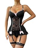 BEINF Damen Dessous Sets Sexy Floraler Spitze Bodysuit mit Strumpfgürtel V-Ausschnitt Schleife Vorne Babydoll Underwire mit Strümpfen 2 Teiliges Schwarz XL