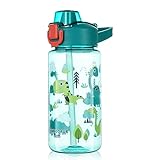 flintronic 600ml Trinkflasche Kinder, Kindertrinkflasche mit Strohhalm, BPA-freie Kinder-Wasserflaschen, Sportwasserflasche mit Auslaufsicherem Flip-Top-Deckel für Mädchen und Jungen, Blau