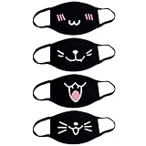 Fashionapple 4 Stück Mundschutz Anime Cartoon Maske Unisex Baumwolle Anti-Staub Mode Kawaii süße mundschutz Wiederverwendbare Emotionsmaske schwarz mit Motiv