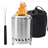 GOEDCH Edelstahl Feuerstelle: 14x20cm Tragbar Edelstahl Feuerschale mit Teleskop-Grillgabel, Tischfeuerstelle Feuerstelle für Terrasse, Rauchfrei Campingkocher für Pellets & Holz, Balkon Feuertonne